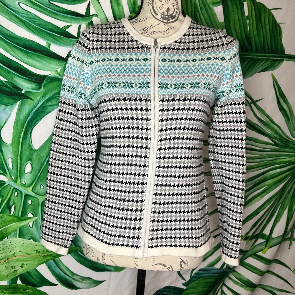 Talbots SP Black White Blue Houndstooth Full Zip Preppy Maximalist Cardigan